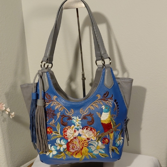 Sharif Handbags - Sharif Blue/Gray Embroidered Parrot Tote